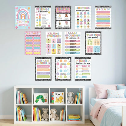 12Pcs Calming Corner Posters for Classroom Inspirational Emotions Feeling Poster for Kids Back to School Wall Decor Composition Notebook Mental Health Posters for School Office Home Teacher Supplies