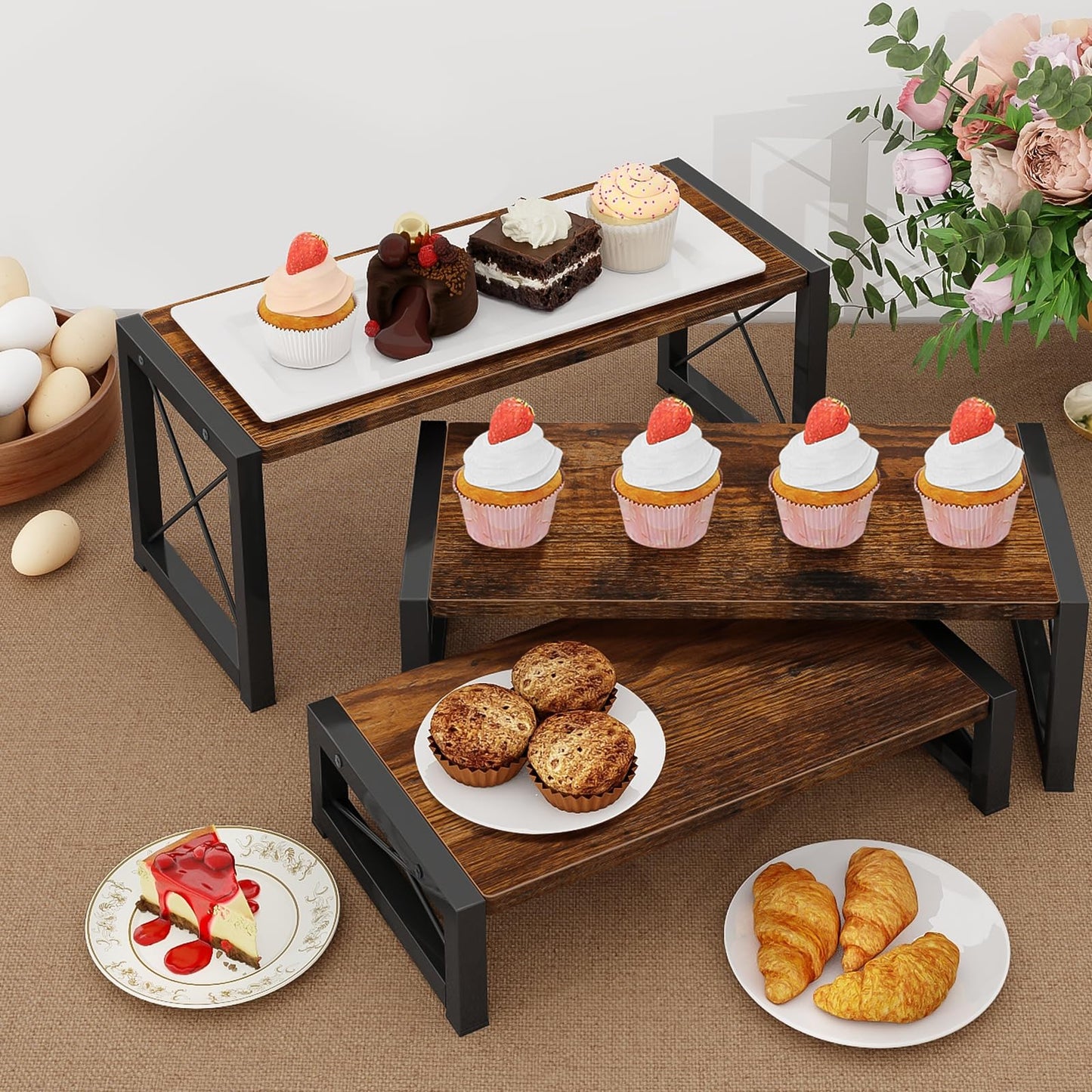 ELITEROO 3 Tier Cupcake Stand & Wood Display Risers, Dessert Stands for Cup Cake or Food, Riser Display Stand for Perfume Collectibles, Tiered Shelf Organizer for Market Retail Vendors, Rustic Brown