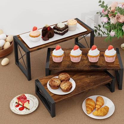ELITEROO 3 Tier Cupcake Stand & Wood Display Risers, Dessert Stands for Cup Cake or Food, Riser Display Stand for Perfume Collectibles, Tiered Shelf Organizer for Market Retail Vendors, Rustic Brown