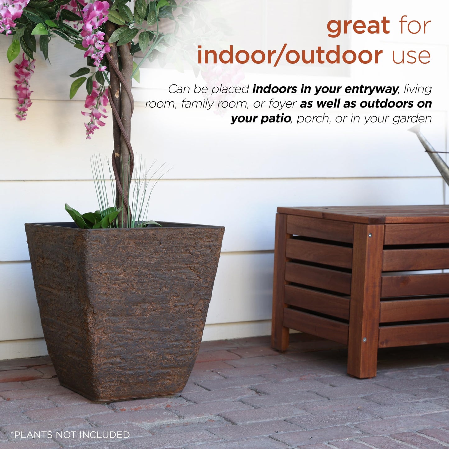 Alpine Corporation Indoor Outdoor Textured Stone Look Squared Planters, Medium, Large - Set of 2