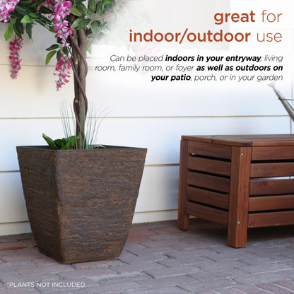 Alpine Corporation Indoor Outdoor Textured Stone Look Squared Planters, Medium, Large - Set of 2