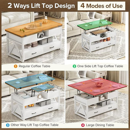 Memobarco 40" Lift Top Coffee Table,4 in 1 Multi-Function Lift Coffee Tables with Storage Drawers and Hidden Compartmen,Farmhouse Coffee Table with Lifting top for Living Room, White+Brown