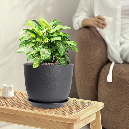 WSMKSZ 12/10/9 inch Big Flower Pots, 3 Pack Modern Decorative Plastic Planters with Drainage Holes and Tray, Plant Pots for Indoor Outdoor Plants, Black