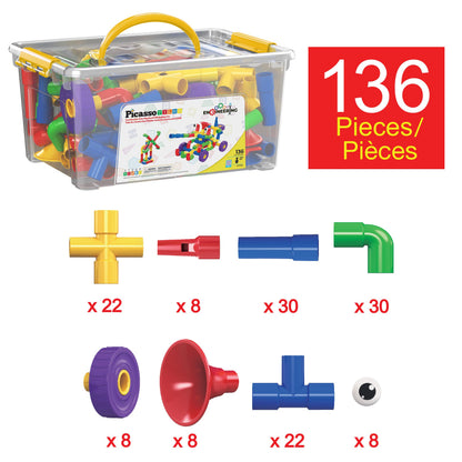PicassoTiles PTT136 136pcs Tubular Pipes & Spout STEAM Interlocking Educational Building Block Set, Tube Locks, Pipeworks Construction Blocks w/Storage Container Box, Idea Book, Flute Musical Kit