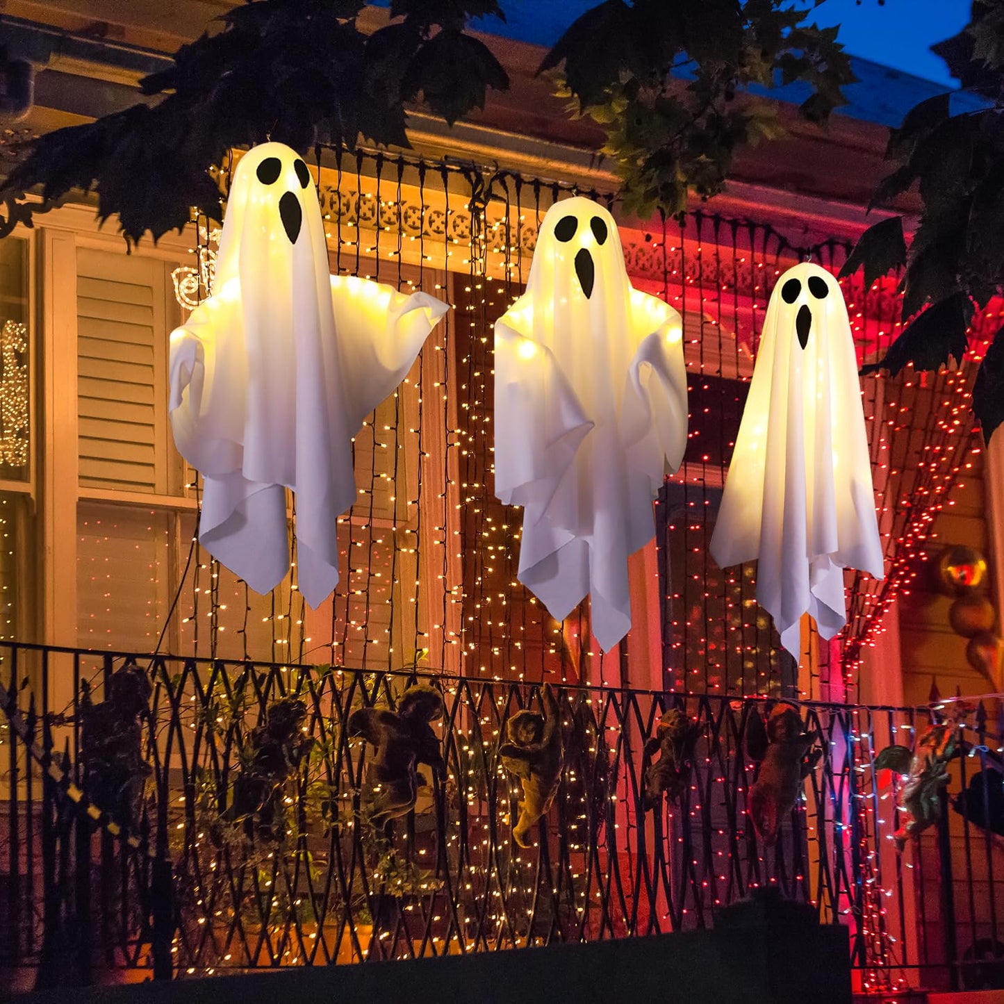 3PCS Halloween Hanging Light up Ghost with Spooky Warm White LED Light, Hanging Ghosts Light Up Kit, Ghost Halloween Decorations Outdoor for Front Yard Patio Lawn Garden Party Decor Indoor Outdoor
