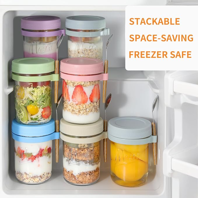Xyptorix 2 Pack Overnight Oats Containers with Lids and Spoons, 16 oz Mason Jars with Removable Separate Compartments, Airtight and Leak-Proof Glass Jars for Chia Pudding, Yogurt, and Oatmeal