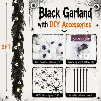 9FT Black Halloween Garland with Eyeball Light String Spider Cotton Spiders