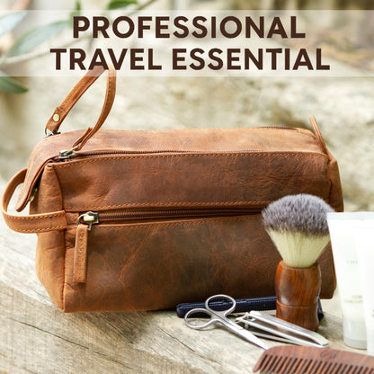 Leather Toiletry Bag – Stylish & Durable Dopp Kit with Water Resistant Lining – Travel Shaving Kit Organizer for Bathroom & Overnight Trips - Great Gift for Men & Women
