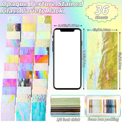 36 Sheets Iridescent Stained Glass Sheet Variety Pack, 4 X 6 inch Cathedral Art Glasses for Home Decor, Stained Glass Supplies for Glass Projects and Mosaic Crafts
