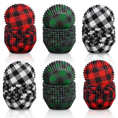 Whaline 600Pcs Christmas Cupcake Liners Buffalo Plaids Cupcake Wrappers Red Green Black Checked Xmas Muffin Liners Holiday Paper Cake Baking Cups for Christmas Party Home Kitchen Supplies