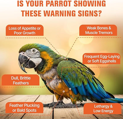 Calcium for Birds with Magnesium & Vitamins D3–Vet-Developed Formula for Parrots, Supports Strong Bones, Eggshell Health,Feather Growth,Muscle & Nerve Function,Dissolves Tasteless in Water,80 Servings