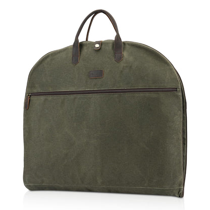 Polare 43” Waxed Canvas Full Grain Leather Trim Carry On Garment Bag for Travel, Waterproof Dust-Proof Foldable Hanging Suitcase Weekender Garment Cover with YKK Zipper (Army Green)