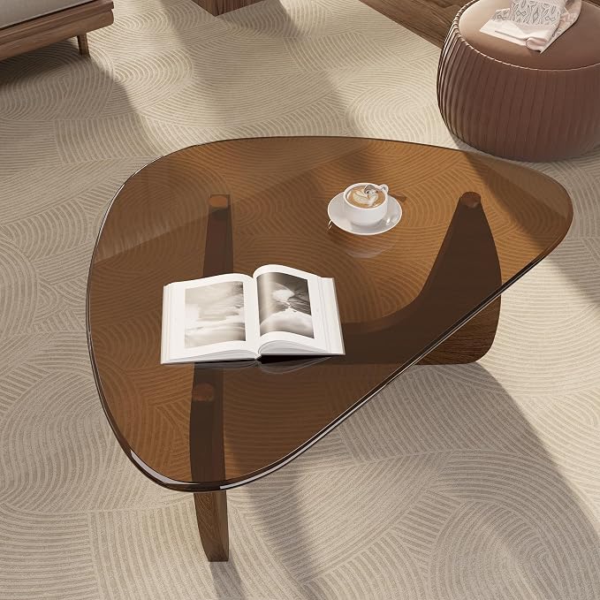Modern Glass Coffee Table, Triangle Center Table with Tempered Glass Top& Unique Wooden Base, 31.5” Mid Century Tea Tables for Living Room, Apartment, Office,Walnut & Brown