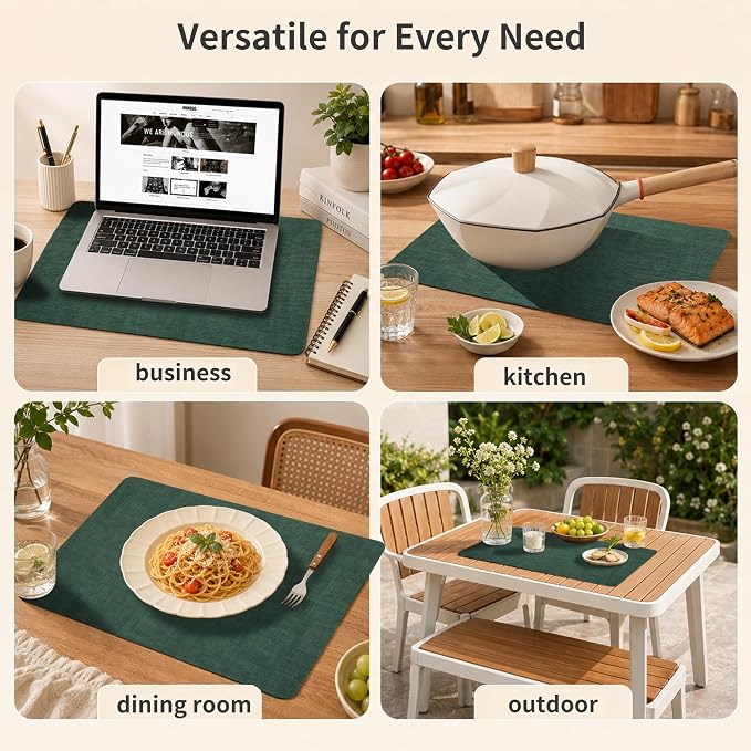 Maxpearl Faux Leather Placemats Set of 4 - Waterproof - Wipe Clean - Heat Resistant - Anti Slip Dining Table Place Mats, Suitable for Indoor & Outdoor Use, 17’’×12’’, Dark Green