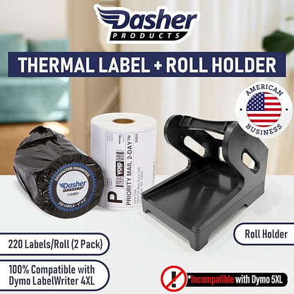 Dasher Products 4x6 Thermal Shipping Labels with Roll Holder, 440 Labels/2 Rolls (220 per Roll), Compatible with Rollo, Zebra, Munbyn, iDPRT, Jadens, Nelko, Dymo 4XL & Most Label Printers, Perforated