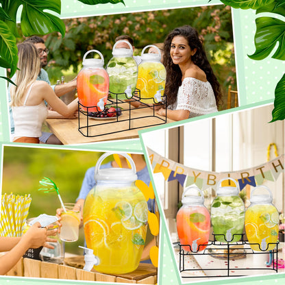 Tanlade 3 Pcs Plastic Drink Dispenser with Spigot and Metal Stand 1.2 Gallon Beverage Dispenser for Parties Juice Dispensers Lemonade Jar with Lids for Cold Drink Tea Water Container