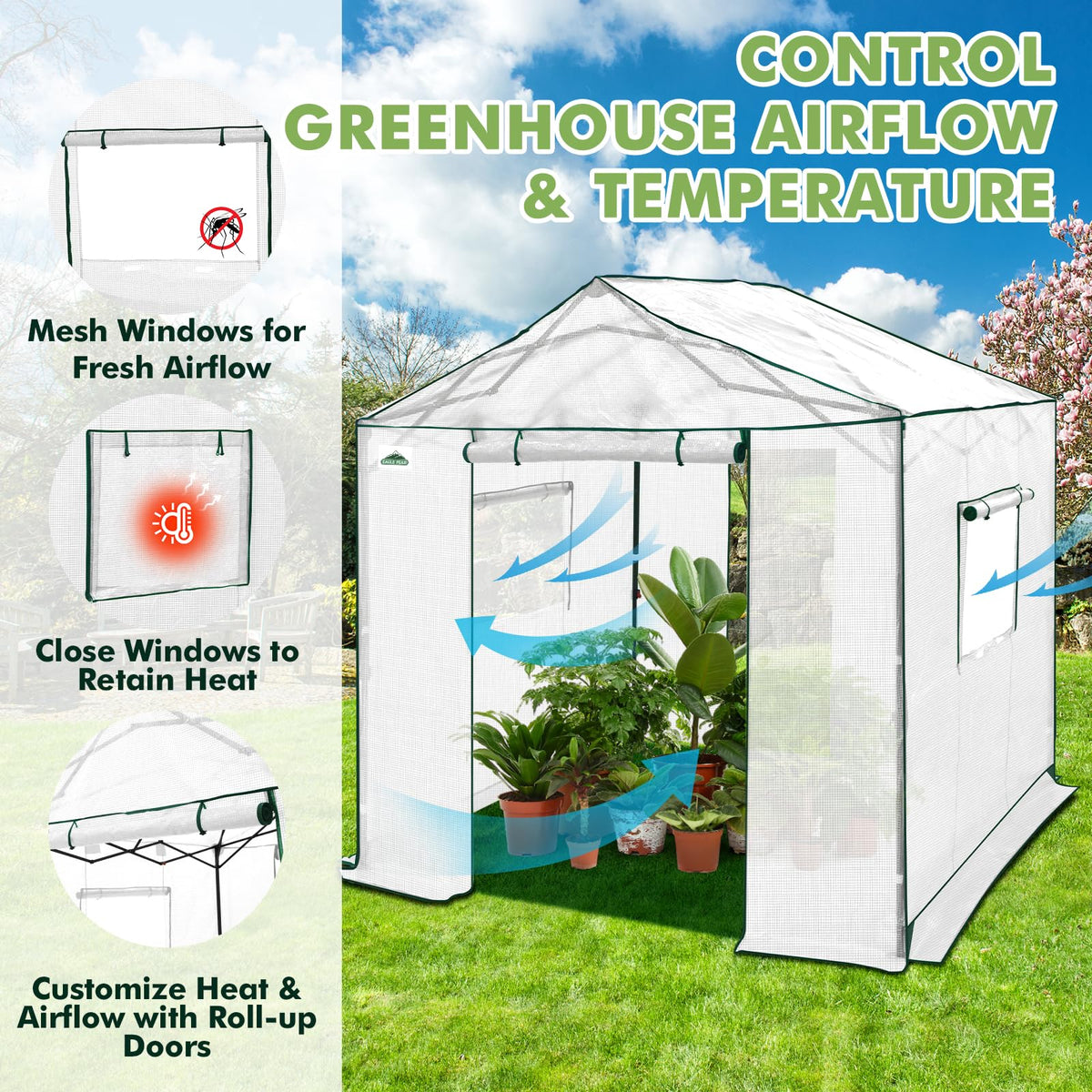 EAGLE PEAK 8x8 Portable Pop Up Greenhouse, Patented Center Lock Easy One Person Setup, Walk-in Outdoor Greenhouse with Gable Roof, Weight Bags, Zippered Doors & Windows, White