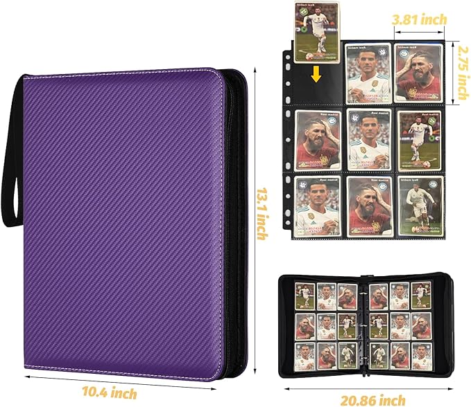 GERMUN 3 Ring 9 Pocket Zipper Card Binder, 720 Double Sided Standard PU Trading Card Album Folder for TCG & Sports Cards, Not Fit Top Loaders (purple)
