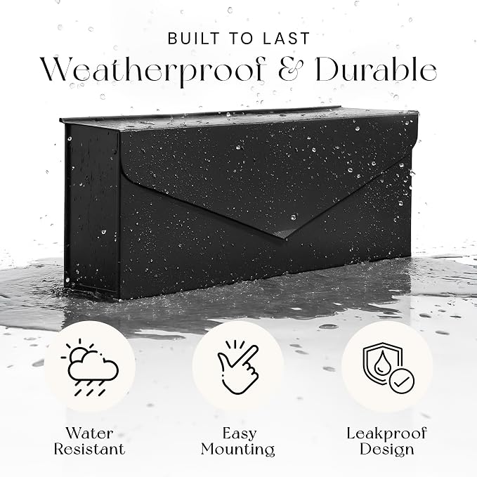 NACH Black Envelope Wall Mount Mailbox, Rust Resistant Metal Mailbox, Black Mailbox Wall Mount, Mailboxes for Outside Wall Mount, Outdoor Mailboxes, Wall Mailbox, 14.1 x 3.5 x 6 Inches, MB-6915BLK