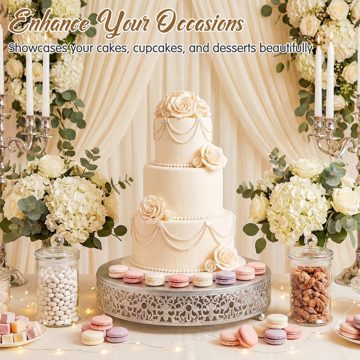 Wenqik 12 Inch Silver Cake Stand Set Metal Round Cupcake Dessert Stand with Cake Cutting, Spatula Wedding Cupcake Pastry Display Candy Holder Display for Wedding Party Birthday Baby Shower(Classic)