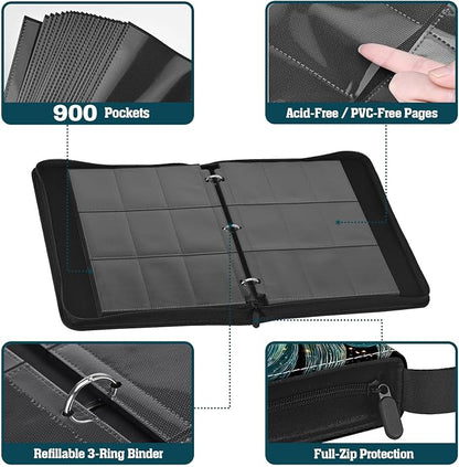 Trading Card Binder 9 Pocket, 900-Pocket Zippered 3-Ring Card Binder with 50 Double-Sided Pages, Fits 2.5" x 3.5" Cards, Acid-Free PVC-Free, Water-Resistant PU Cover, Wrist Strap, Fox Design