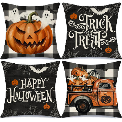 MODOVOS Halloween Pillow Covers 18x18 Set of 4 Buffalo Plaid Spooky Ghost Pumpkin Truck Halloween Decorations Trick or Treat Throw Pillow Covers Spider Web Bat Cushion Case for Sofa Couch