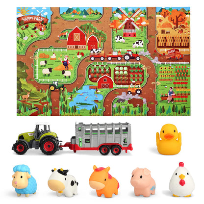 Oriate Farm Tractor Carrier with Cartoon Farm Animals and Playmat, 6 Pack Bath Squirter Silicone Rubber Farm Animal Toys, 47.2” x 31.5” Happy Farm Play mat, Birthday Gifts for Kids