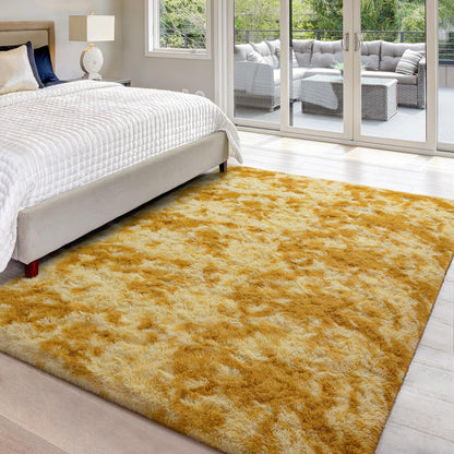 Hutha 4x6 Large Area Rugs for Living Room, Super Soft Fluffy Modern Bedroom Rug, Tie-Dyed Orange Yellow Indoor Shag Fuzzy Carpets for Girls Kids Nursery Room Home Decor