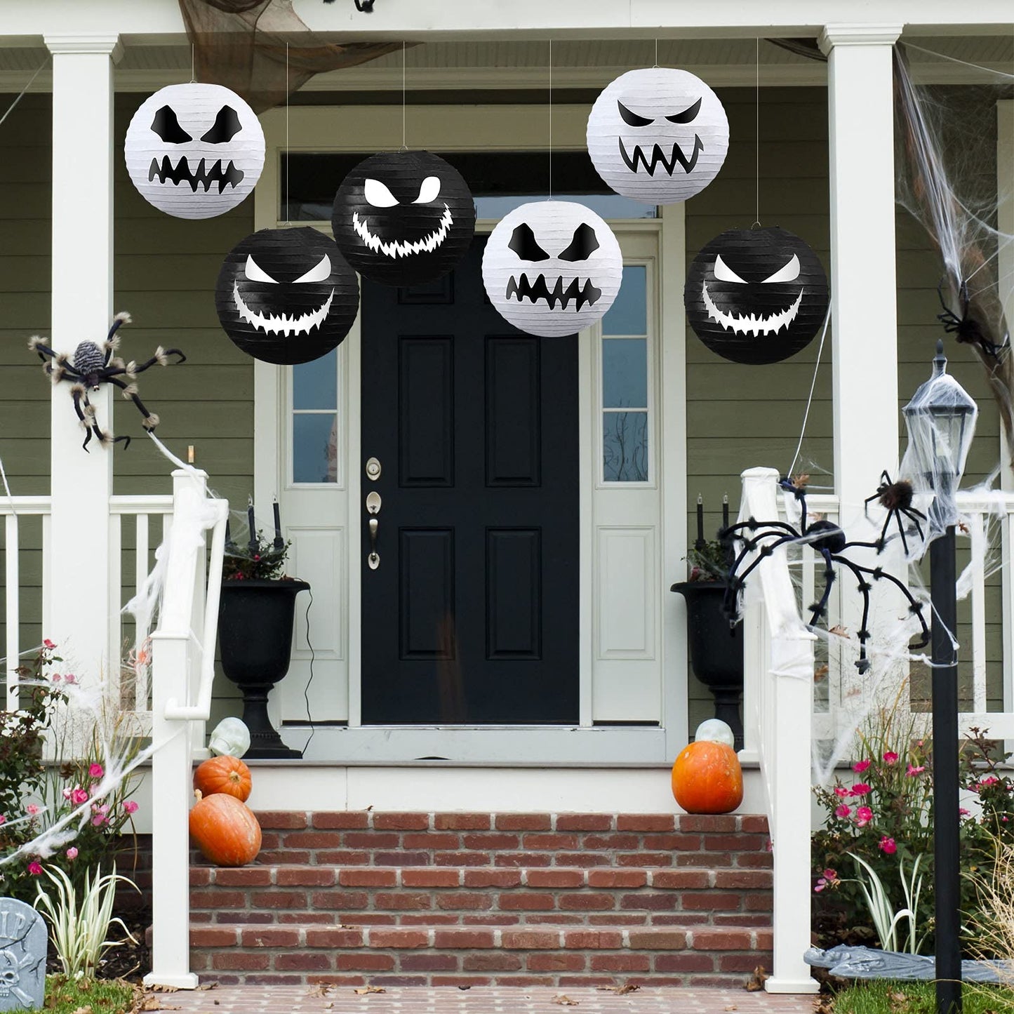 6 Pieces Halloween Paper Lanterns Party Decorations Halloween Hanging Lanterns Decorative for Home Outdoor Yard Party Supplies Favors 11.8 x 11 inch, White, Black (Normal Style)
