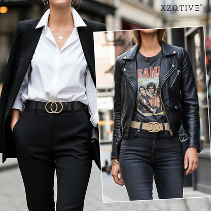 XZQTIVE 3 Packs Women's Leather Belts For Jeans Dresses Pants Fashion Ladies Waist Belt with Double O-Ring Gold Buckle