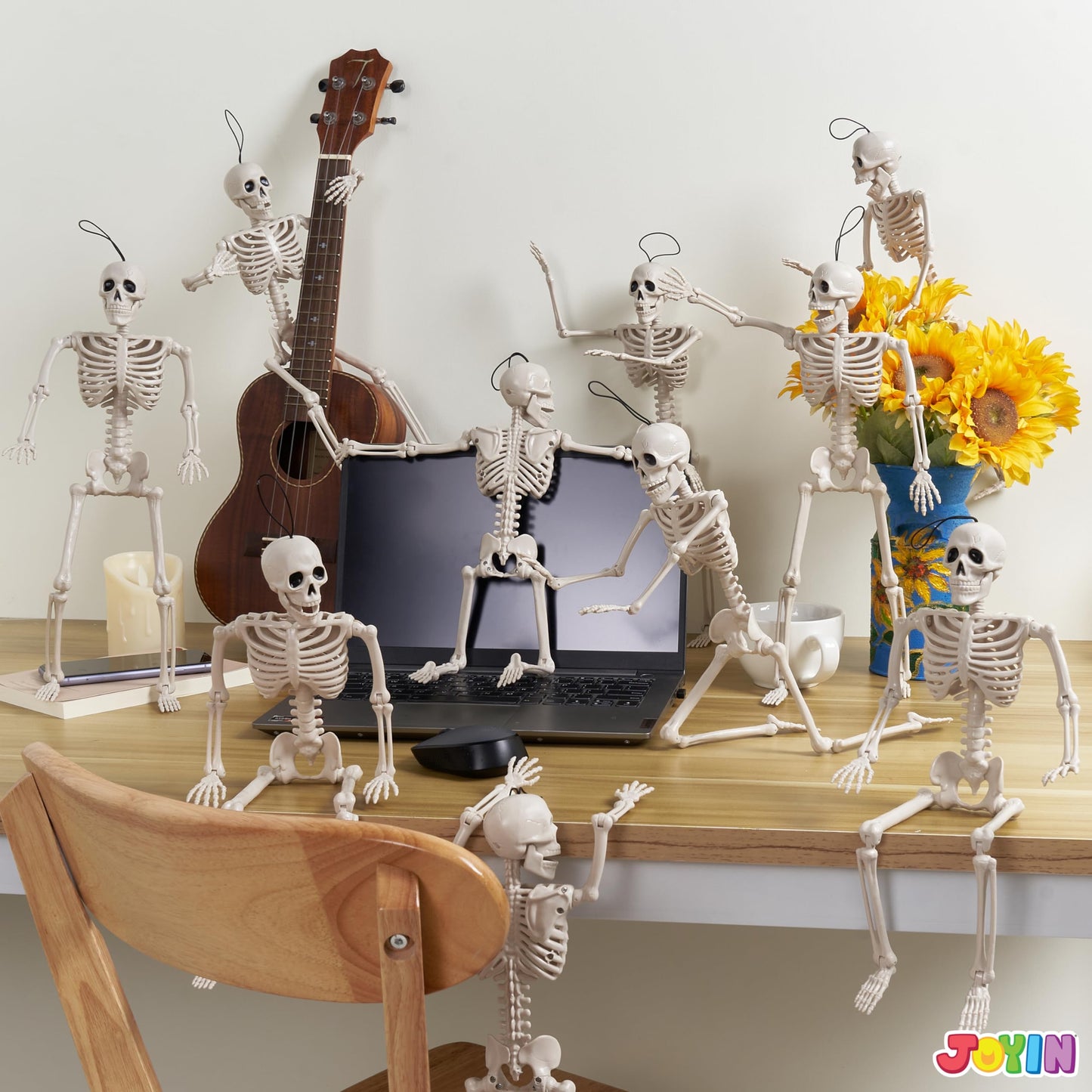 JOYIN 10 PCS 16" Halloween Skeleton Decor, Full Body Stayable Movable Joints, Posable Hanging Skeletons for Halloween Decoration, Yard, Graveyard, Haunted House Props, Spooky Scene Party Favor