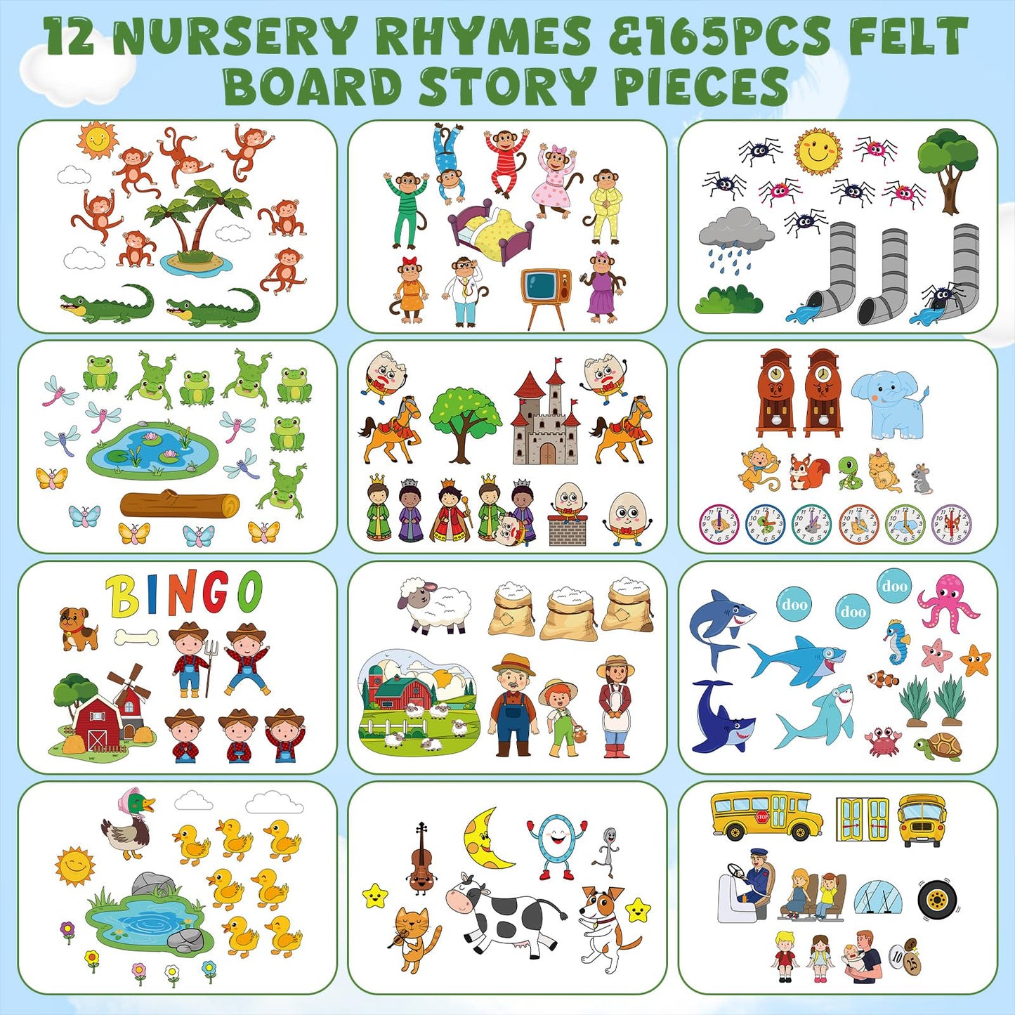 SmoothNovelty 12 Pack Flannel Felt Board Stories Set with a Foldable Board for Preschool Activities Boys Girls(Nursery Rhymes)