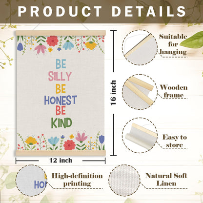 MOTERMATE Inspirational Girl Nursery Poster Hanger Frame, Kids Affirmations Floral Wall Hanging Decor Art Framed for Girls Room Bedroom, Be Silly Be Honest Kind Wall Poster Prints, 12x16 Inch