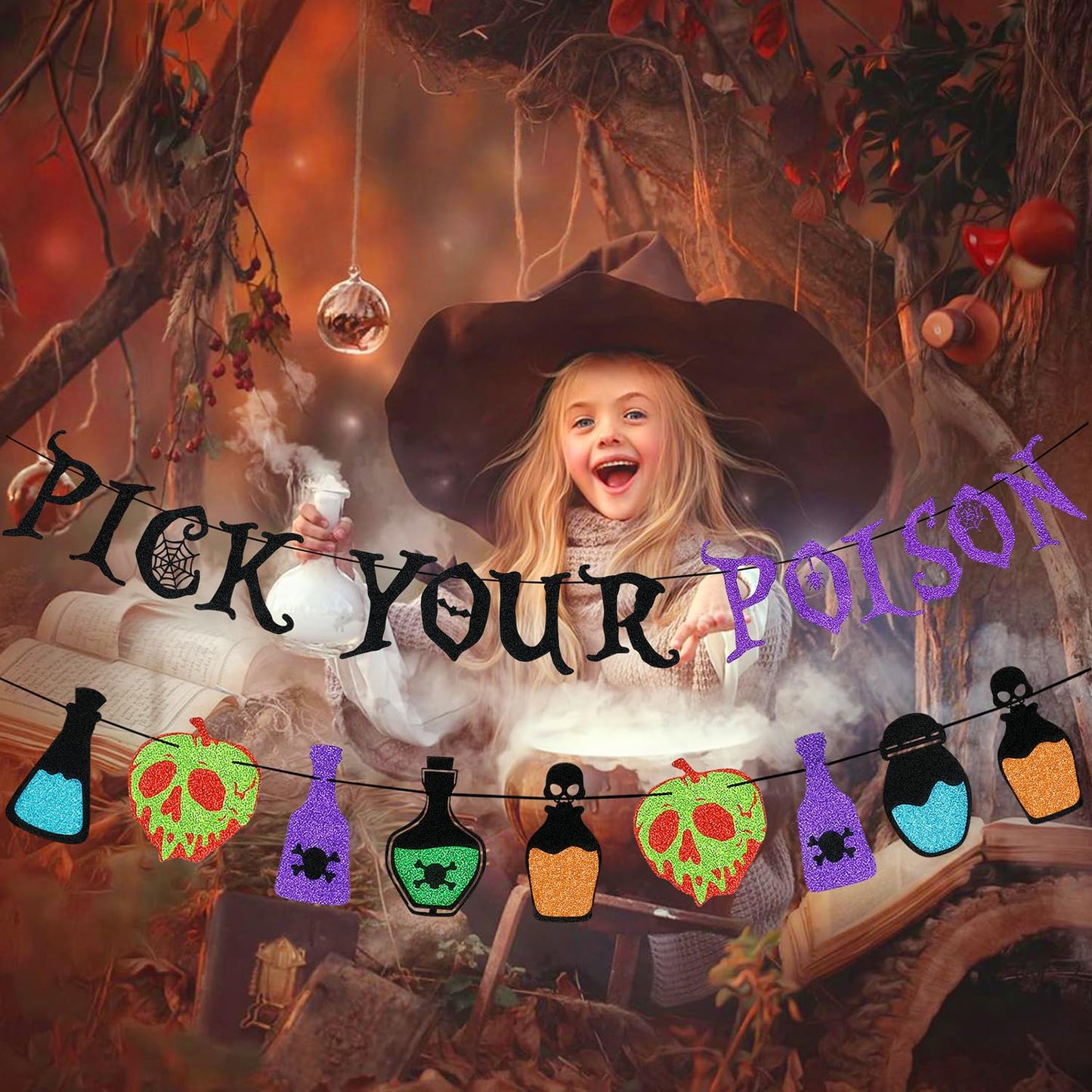 Black and Purple Glitter Pick Your Poison Banner Potion Bar Banner, Pick Your Poison Sign Halloween Party Banner for Haunted Mansion Home Decor Halloween Hocus Pocus Party Decorations