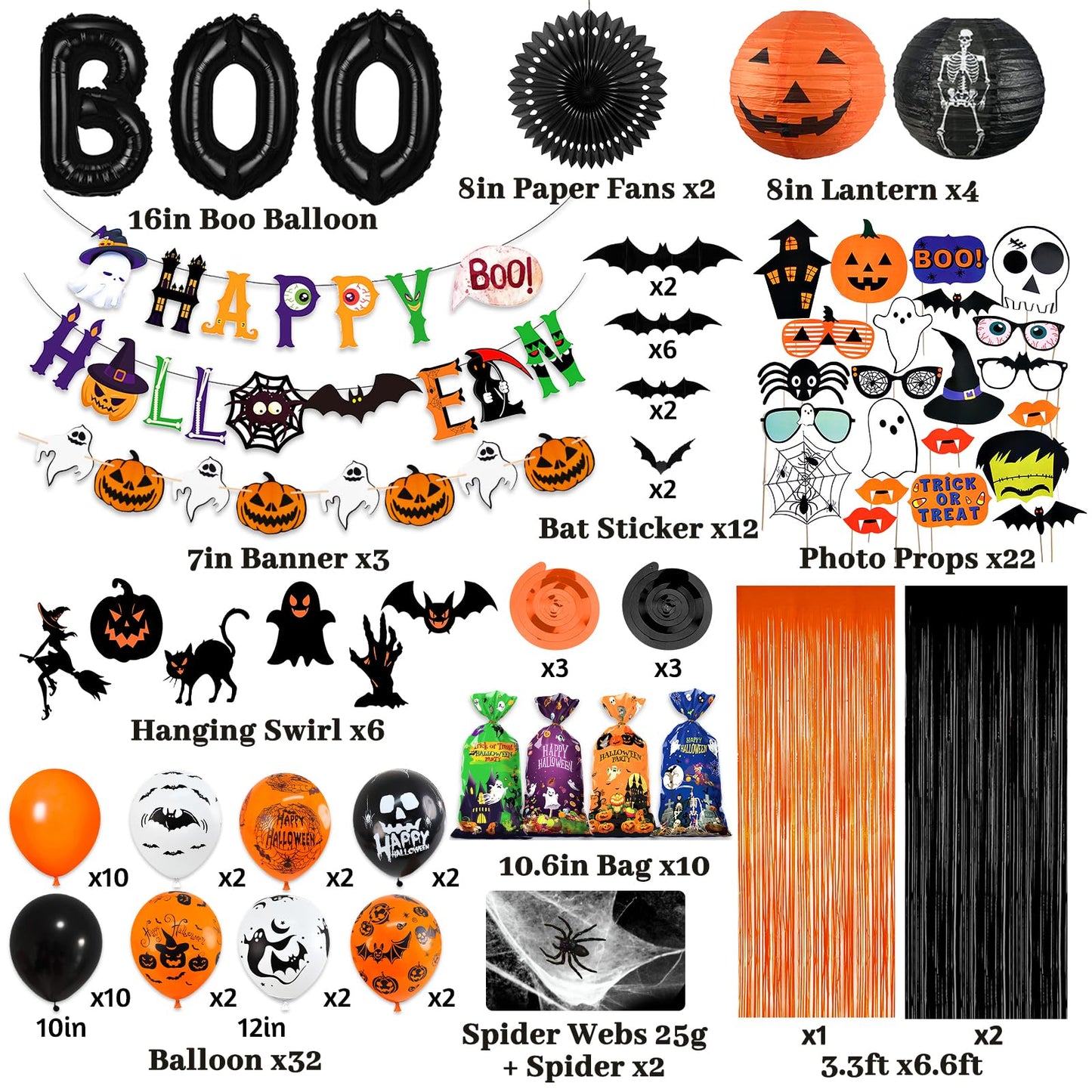 110Pcs Halloween Party Decorations, Horror Halloween Party Supplies Include Banner, Boo Balloons Hanging Swirls Photo Props Spider Wed Candy Gift Bags for Scary ScreamDecorations Indoor