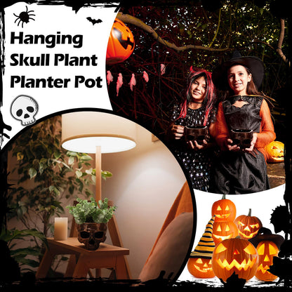 Romooa 2 Pack Hanging Skull Planter Pot with Ropes Gothic Skeleton Plant Pot Skull Candy Bowl for Succulent Plants Flowers Horror Head Wall Decoration (Bronze)