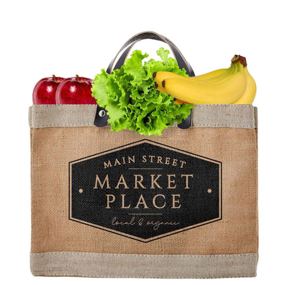 Santa Barbara Design Studio Main Street Farmers Market Tote, Reusable Burlap Grocery Bag with Leather Handle, Purse for Beach or Picnics, Food Lovers Gift Idea, 12.5 x 9.5 Inches