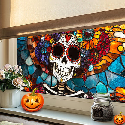 HOMETITUTE Day of The Dead Window Film 39.3x17.7 Inch Sugar Skull Windows Cling Halloween Calavera Glass Sticker for Glass Dia de Los Muertos Removable Gothic Window Art Decoration