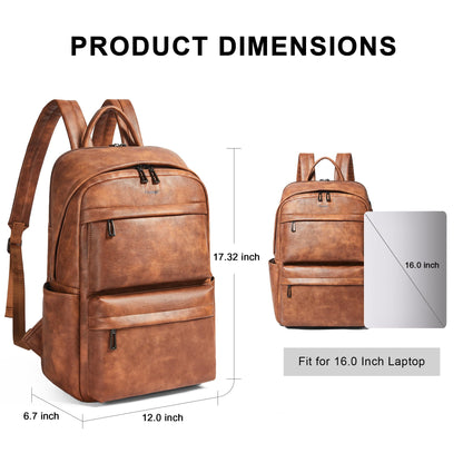 tiamyi Vegan Leather Backpack for Women and Men, Fits 16.0 Inch Laptop, Multi-Pocket Design with Water Bottle and Luggage Strap, Ideal for Work, Travel, and Daily Use, Brown
