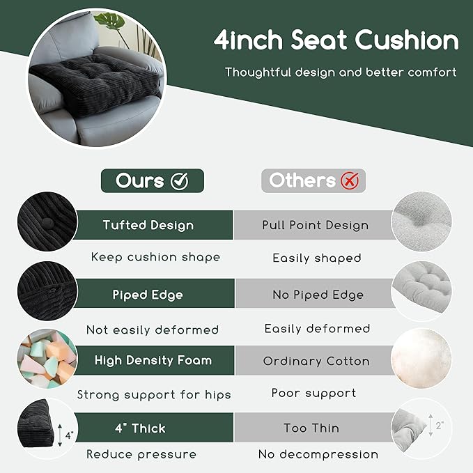 Tufted Corduroy Recliner Seat Cushion for Elderly, High Density Foam Large Square Seat Cushion for Recliner Chair, Floor Pillow, Office Chair, Car, No Pressure on Thighs, 20x20x4