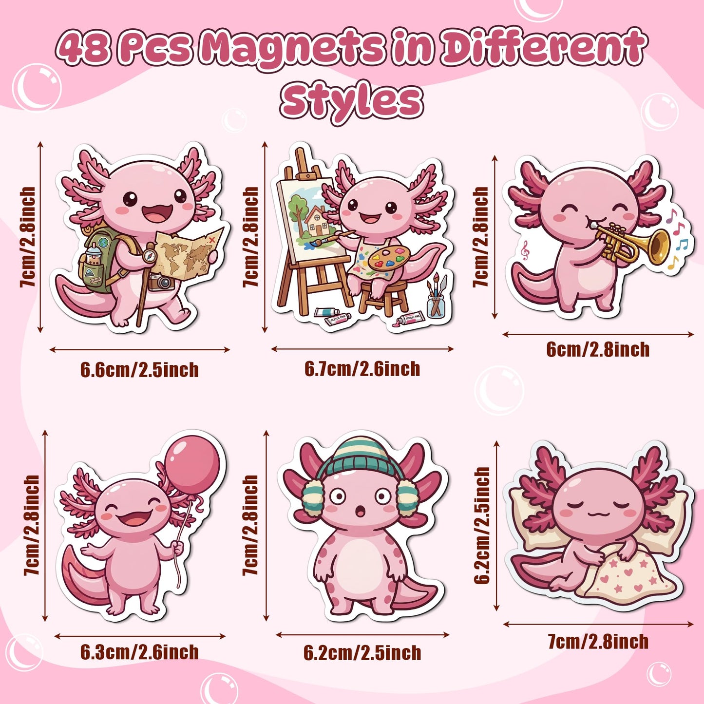 MALLMALL6 Axolotl Fridge Magnets, 48Pcs Cute Salamander Refrigerator Magnetic Sticker Summer Pink Decor Accessories with Ice Cream Guitar for Home Kitchen Office Locker Mailbox, Adorable Kawaii Gift