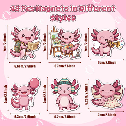 MALLMALL6 Axolotl Fridge Magnets, 48Pcs Cute Salamander Refrigerator Magnetic Sticker Summer Pink Decor Accessories with Ice Cream Guitar for Home Kitchen Office Locker Mailbox, Adorable Kawaii Gift