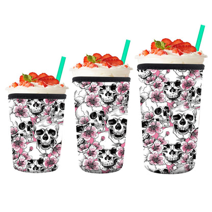 AMZXCFGL 3 Pack Reusable Neoprene Insulator Sleeve for Iced Coffee Cups, Cute Funny Coffee Cup Sleeve, Universal Fit 16-32oz Cups for Hot Cold Beverages Cute Floral Skull