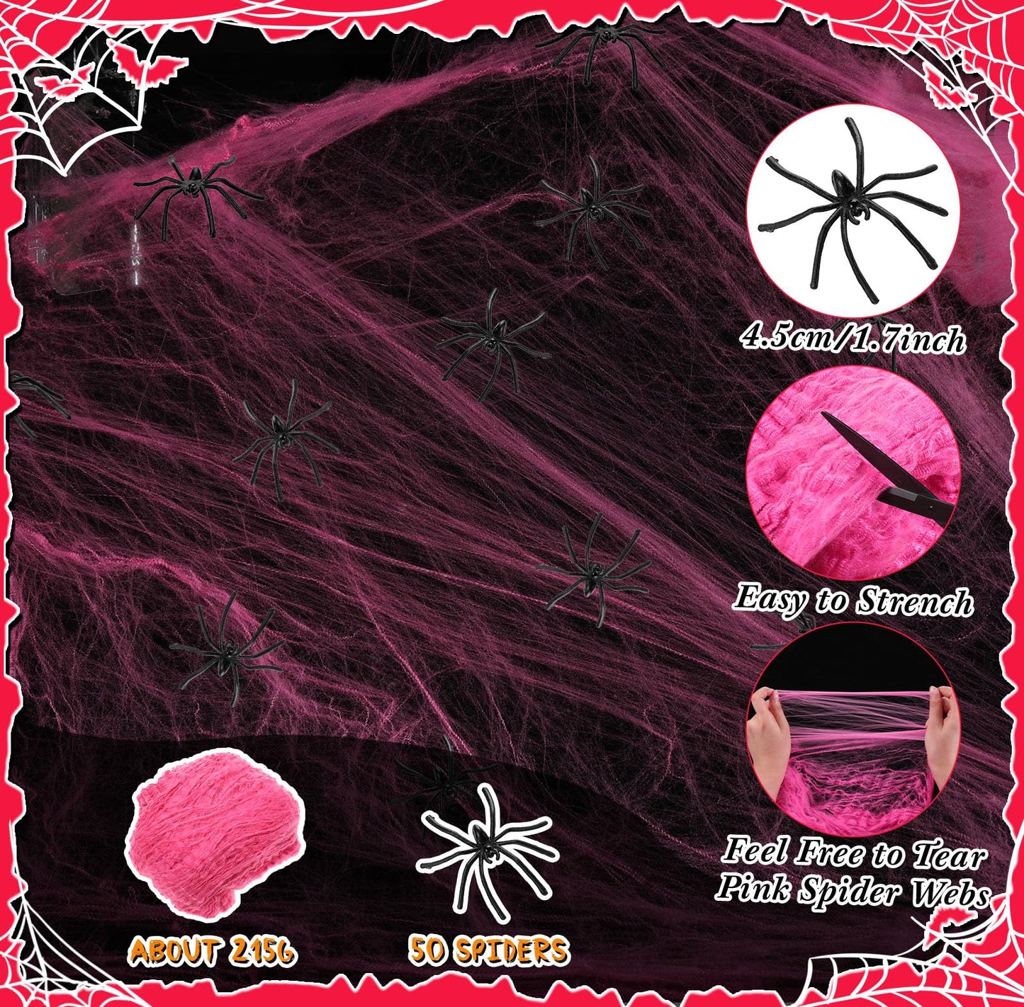 Tellingyou 950 Sqft Halloween Pink Spider Webs Decorations with 50 Extra Fake Spiders, Super Stretchy Cobwebs for Halloween Decor Indoor and Outdoor