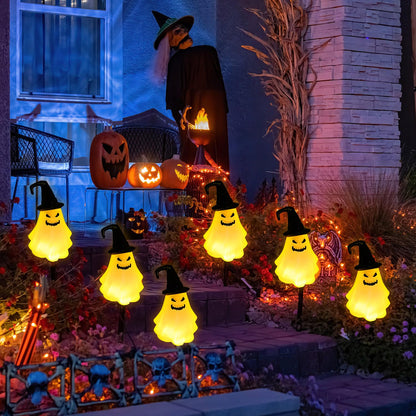 Threan 10 Pcs Halloween Pathway Light Decorations Solar Stake Lights LED White Light Decorative Solar Operated Stake String Lights IP44 Waterproof Outdoor for Yard Garden(Wizard Ghost)