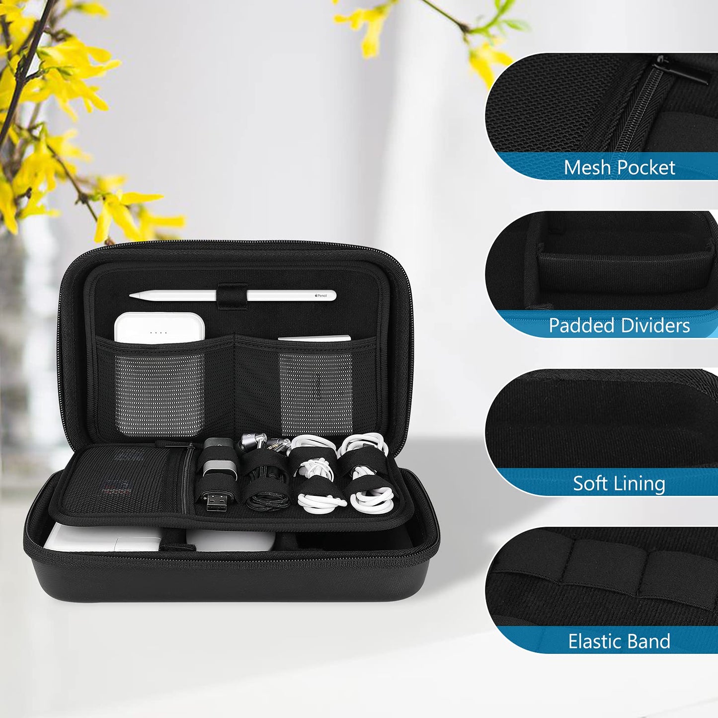ProCase Hard Travel Electronic Organizer Case for MacBook Power Adapter Chargers Cables Power Bank Apple Magic Mouse Apple Pencil USB Flash Disk SD Card Small Portable Accessories Bag -Black, L