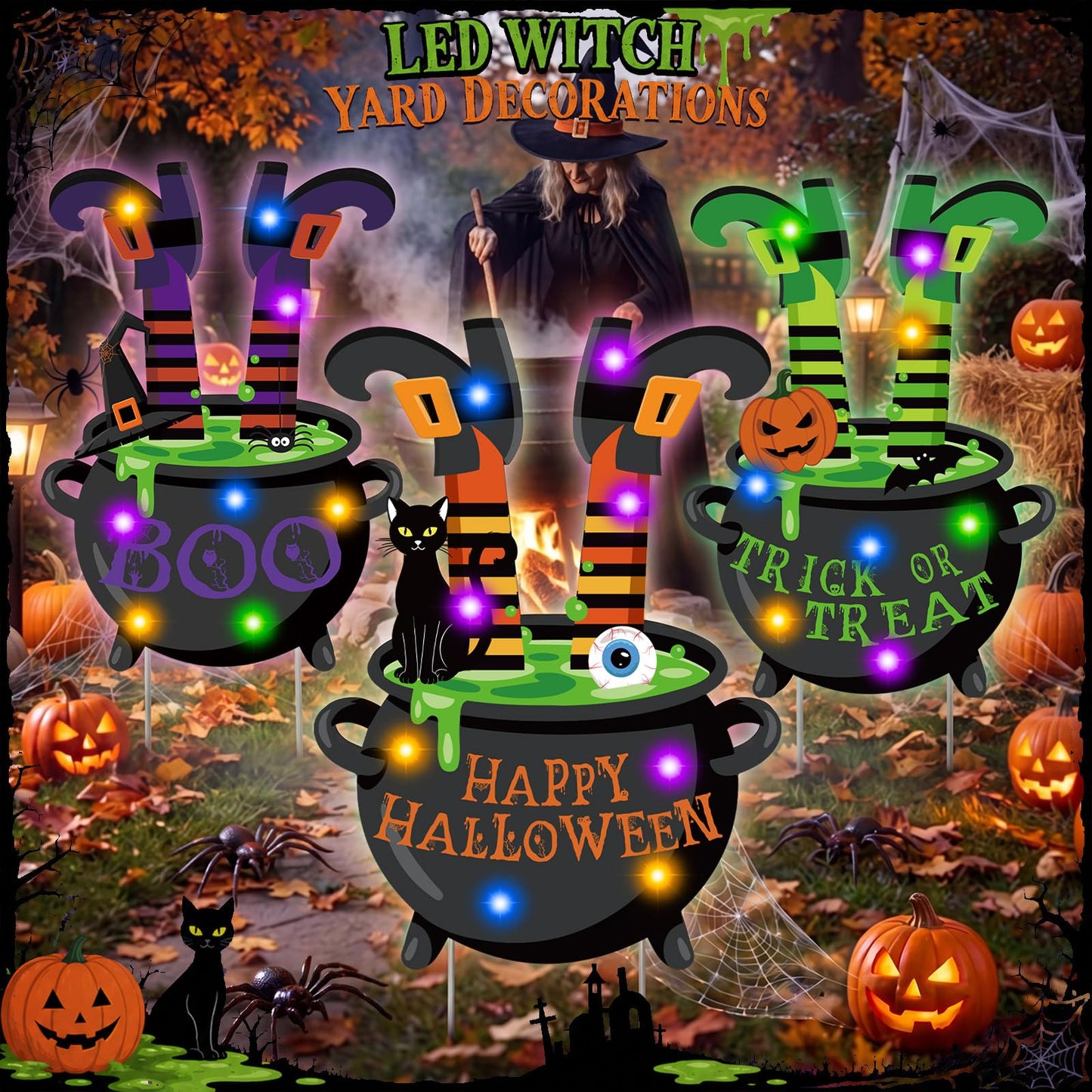 RattanView 3 Pcs Halloween Lighted Witch Legs with Stakes Yard Signs 15.8 x 9.8'' Scary Witch Feet with Lights Halloween Decorations Outdoor for Lawn Garden Yard Haunted House