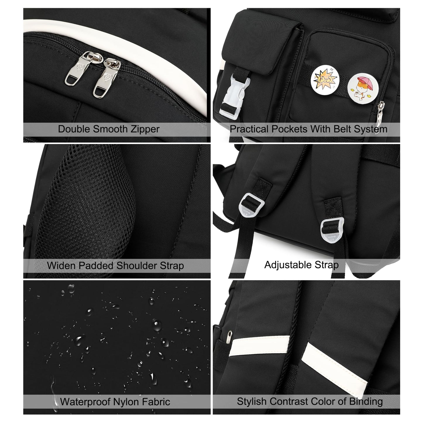 Hidds Laptop Backpacks 15.6 Inch College School Backpack for Girls Women Bookbag Cute Elementary Middle High School Bags Big Anti Theft Travel Daypack Kids Book Bag for Teens Womens Student (Black)