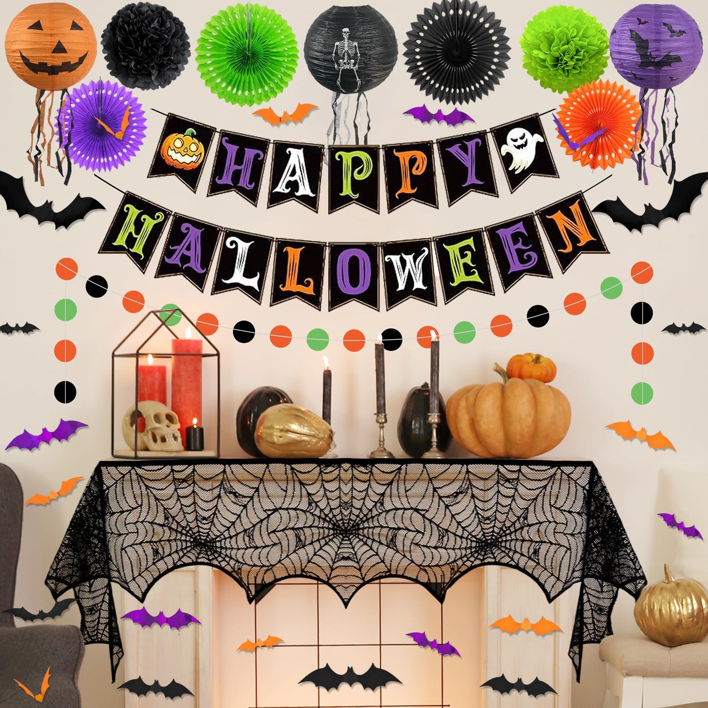 Trgowaul Happy Halloween Decorations Set, 48pcs Halloween Party Supplies, Banner, Paper Fans, Ppaper Lanterns, 3D Bat Sticker, Spider Cobweb Table Cover Fireplace Decor KIt