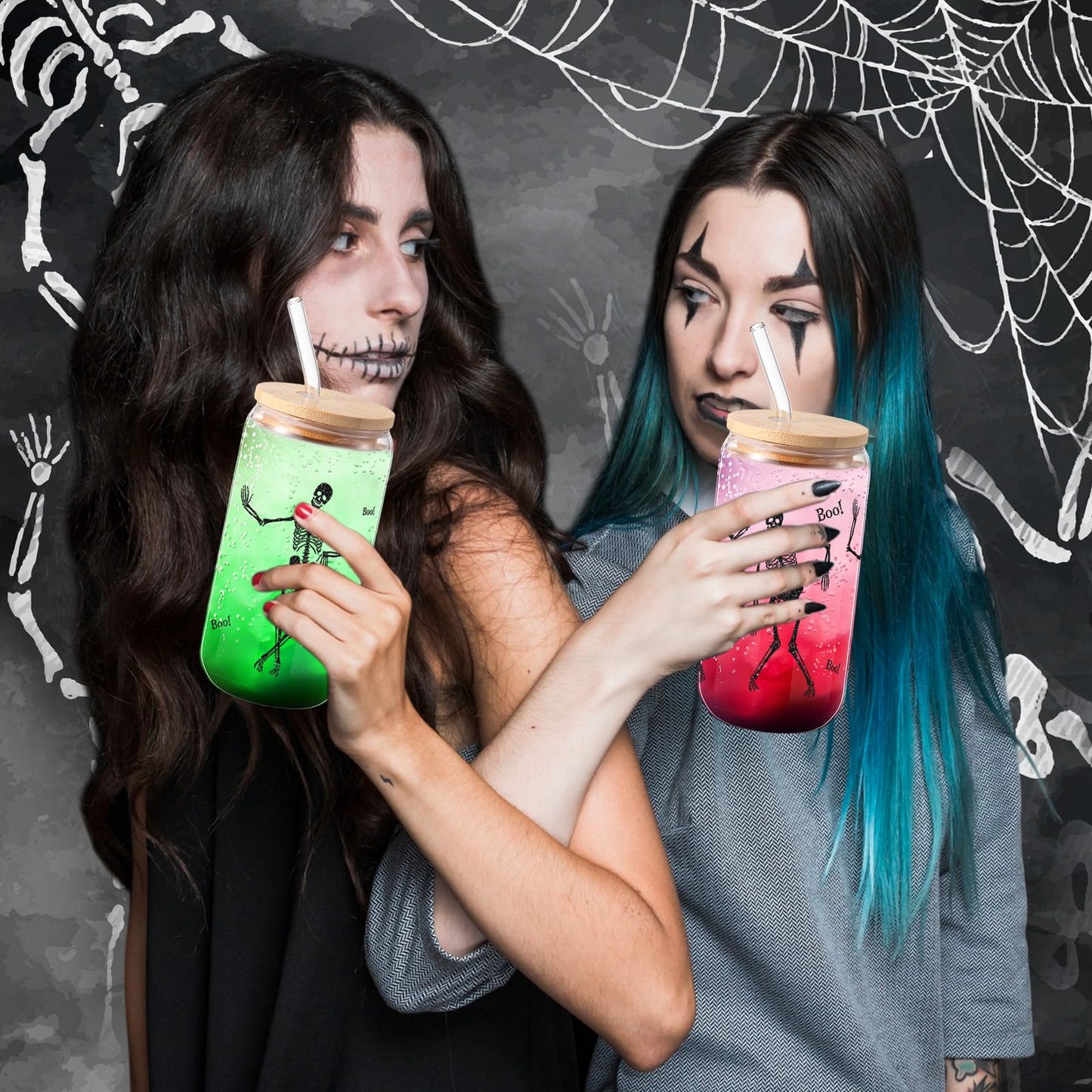 Zhehao Set of 2 16 oz Summer Halloween Skeleton Glass Cups with Lids Straws and Cleaning Brush, Skeleton Iced Coffee Cup Drinking Glasses Tumbler for Halloween Gifts Boo Basket Stuffers
